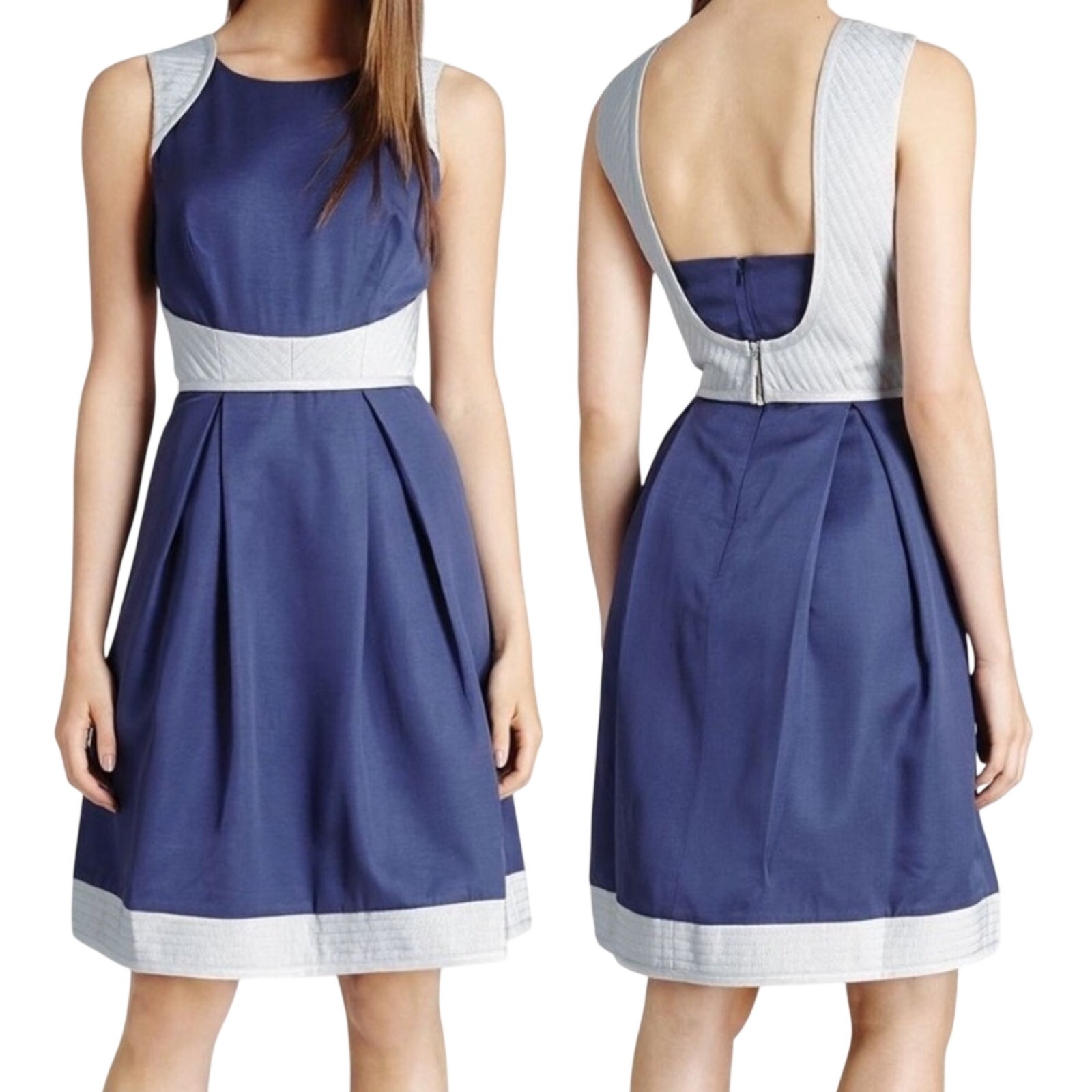 Nwt Reiss Teddy Fit And Flare Quilt Dress Blue Gray Sleeveless Cocktail 4
